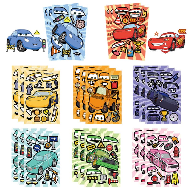 8 Cartoon Racing Stickers Collage Children's Educational DIY Toys Puzzle Make a Face Graffiti Stickers
