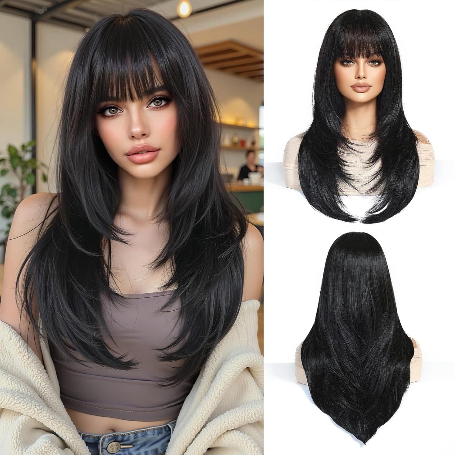Xuchang Aisiou Women's Synthetic Fiber Wigs with Layered Bangs, Slightly Curly and Fluffy Synthetic Fiber Wig Cap