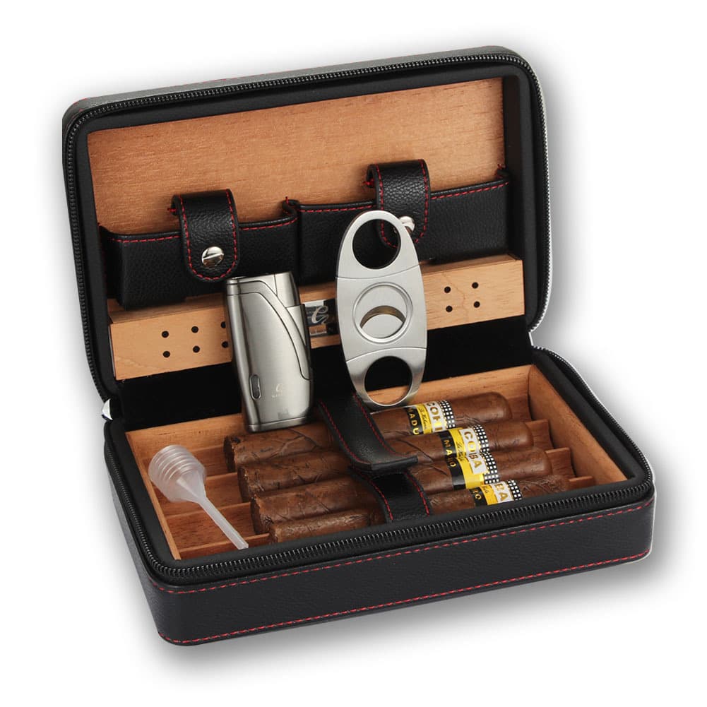 Cigar Box Lighter Scissors Three-Piece Set Leather Case Cigar Humidor Portable Humidification Pack Cigarette Case Smoking Accessories