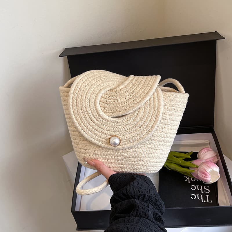 Fresh and Simple Pearl Flap Small Crossbody Bag with Cotton Rope Woven Design, Casual Single Shoulder Straw Bag, Mini Beach Bag for Women