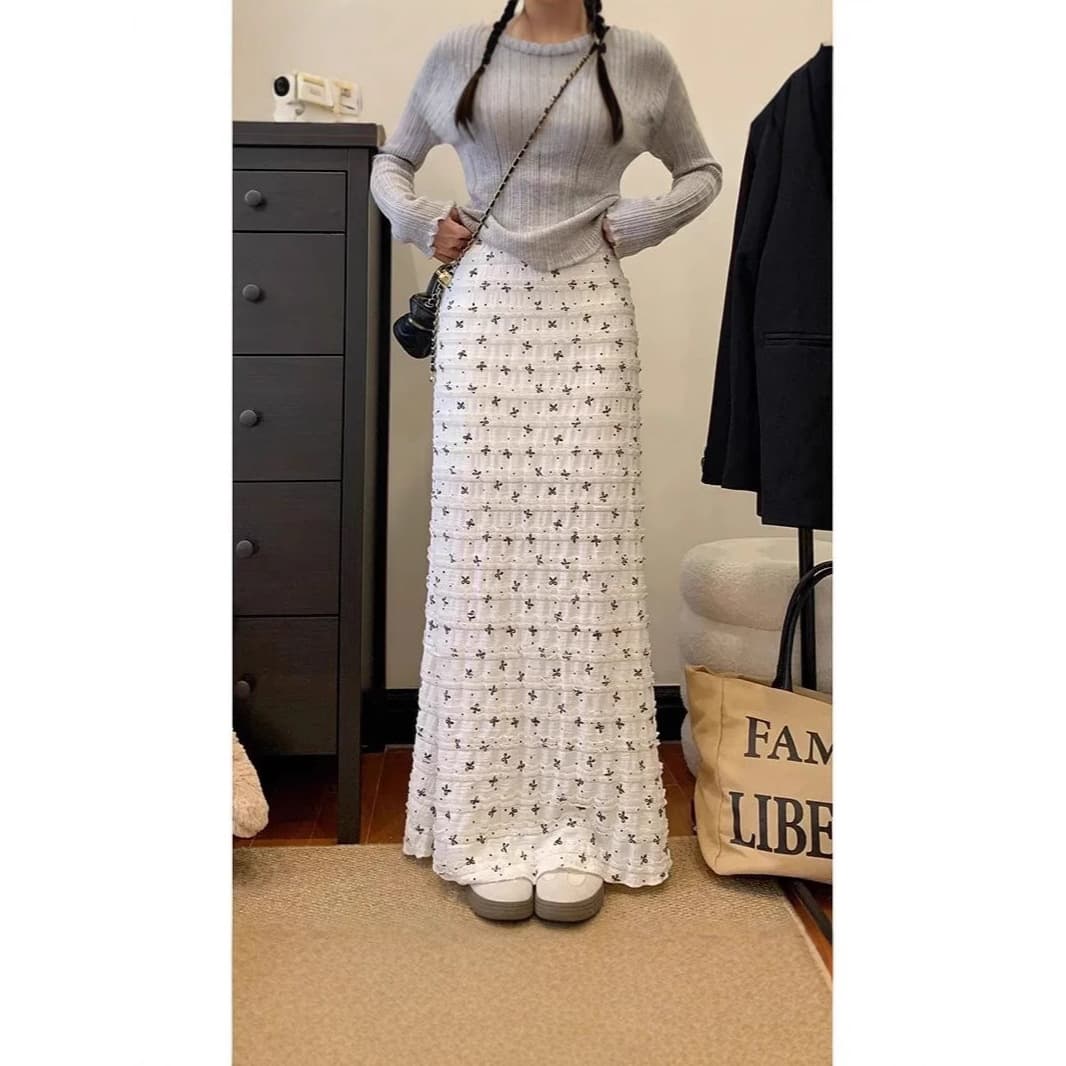 Summer Vacation Style Butterfly Bow Jacquard Lace Hollow Floral Fishtail Skirt Slimming Pure Desire Long Skirt