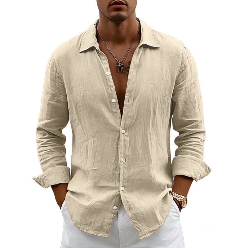 Cross-border Amazon Export Men's Spring New Solid Color Thin Loose Cardigan Lapel Versatile Linen Long-Sleeve Shirt