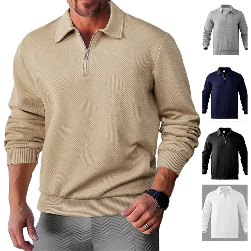 Cross-border European and American Men's Spring/Autumn New Arrival Short Sleeve Long Sleeve Half Zip Jacquard Lapel Sweatshirt