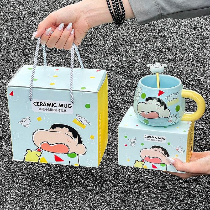 Crayon Shin-chan water cup for women, cute office coffee mug, birthday gift, ceramic cup with spoon, good-looking