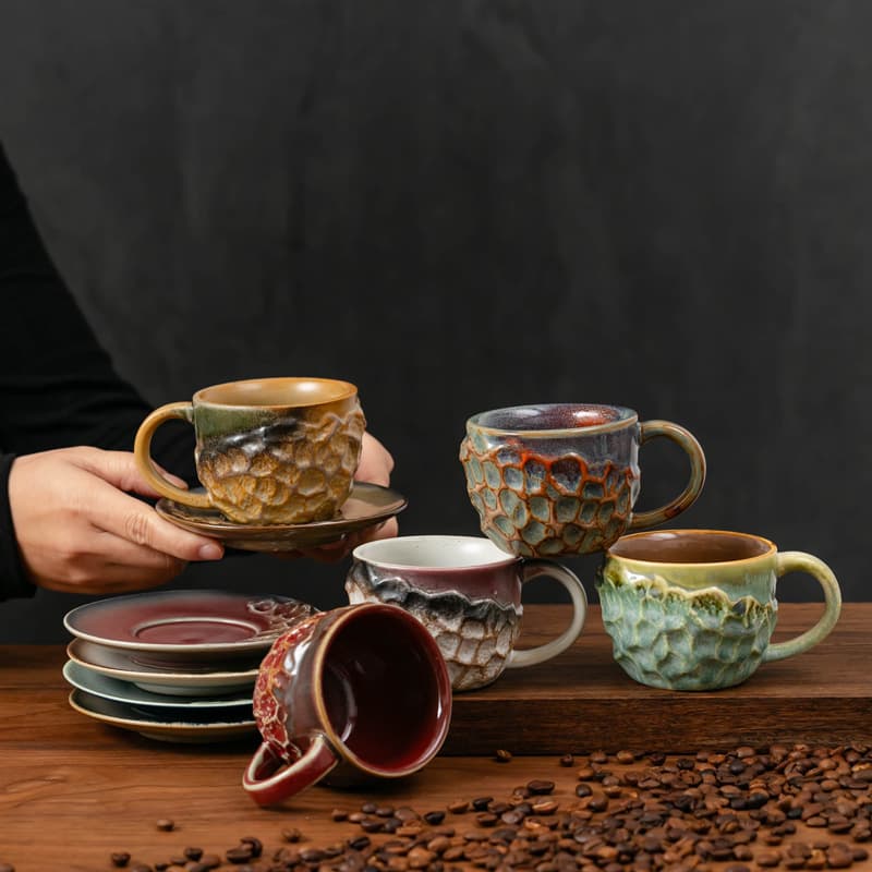 Vintage Ceramic Coffee Cup and Saucer Set, Light Luxury Kiln-Change Latte Mug, European Style High-End Home Water Cup