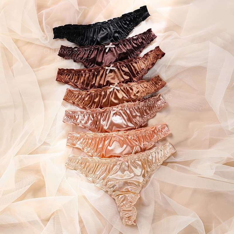 Cross-border Plus Size Super Elastic Sexy Satin Thong Panties Mid-Rise Wave Cotton Crotch Women's Triangle Panties Wholesale