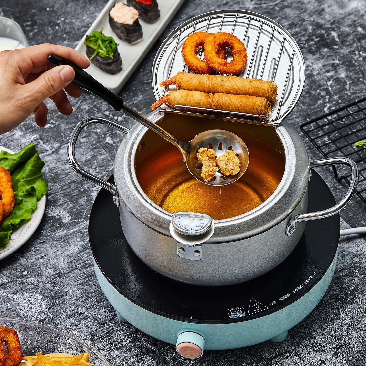 Korean Style Deep Fryer, Small Home Fryer, Temperature Controlled Gas Fryer, Oil Saving Fryer, Uncoated Fryer with Filter Rack