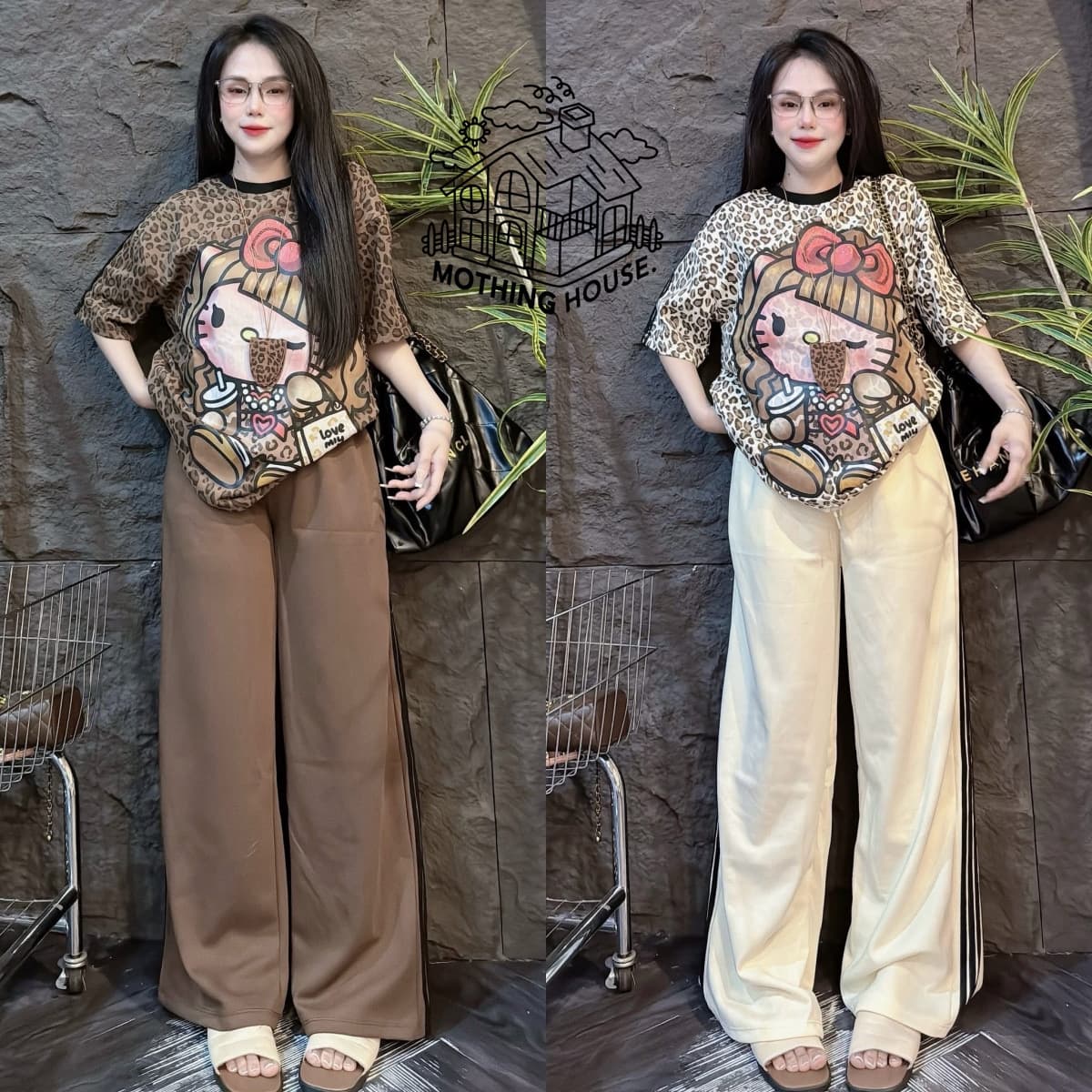 Southeast Asian fashion suit for women summer new cartoon leopard print short-sleeved loose straight wide-leg pants casual two-piece set