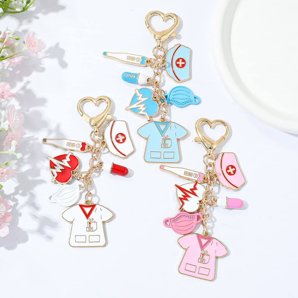 Classic Nurse Cap Thermometer Pill Mask Heartbeat Nurse Set Zinc Alloy Keychain Decoration Pendant