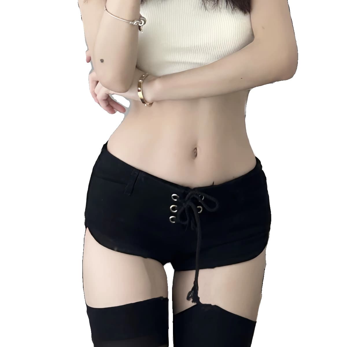 European and American Style Spice Girl Retro Drawstring Low Waist Ultra Short Jeans Women's 2025 Summer Black Sexy Hip Hot Pants