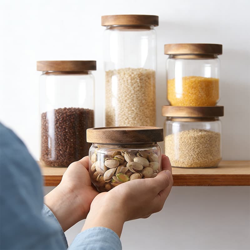 Factory Wholesale High Borosilicate Glass Sealed Jar Household Thickened Wooden Lid Straight Glass Tea and Grains Storage Container