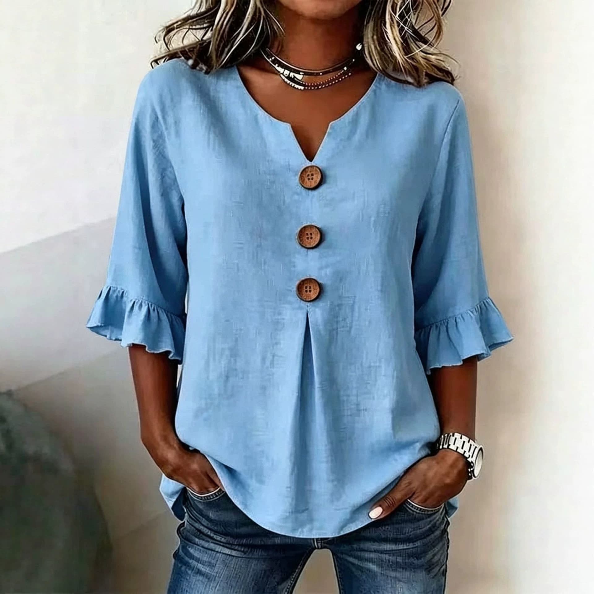 2026 European and American style solid color cotton and linen V-neck wooden button top for women, lotus leaf mid-sleeves, pleated front, loose and versatile top
