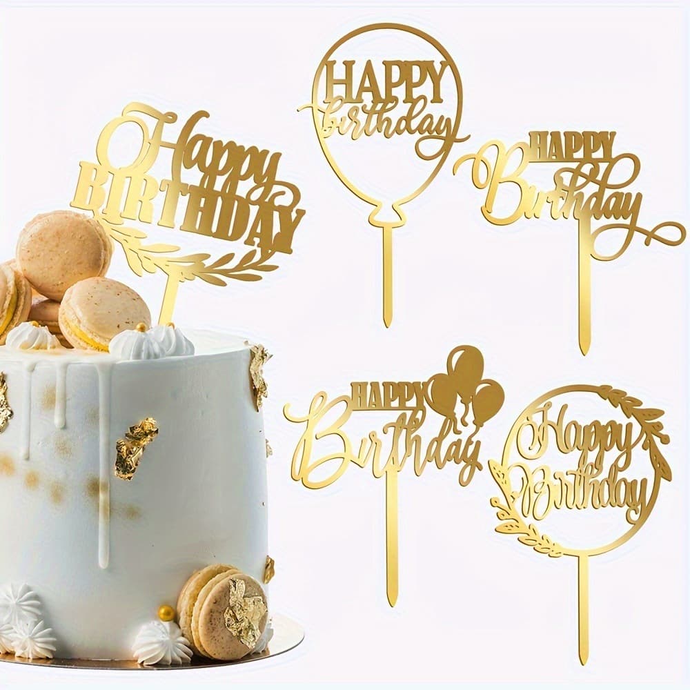 Five-piece set of golden acrylic birthday cake inserts for boys and girls birthday party cake decoration party supplies