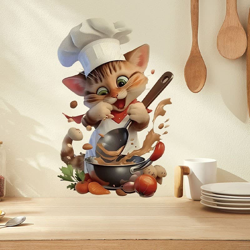 Cross-Border Chef Cat Cartoon Cute Decoration Kitchen Restaurant Refrigerator Door Self-Adhesive Removable PVC Wall Sticker Mural