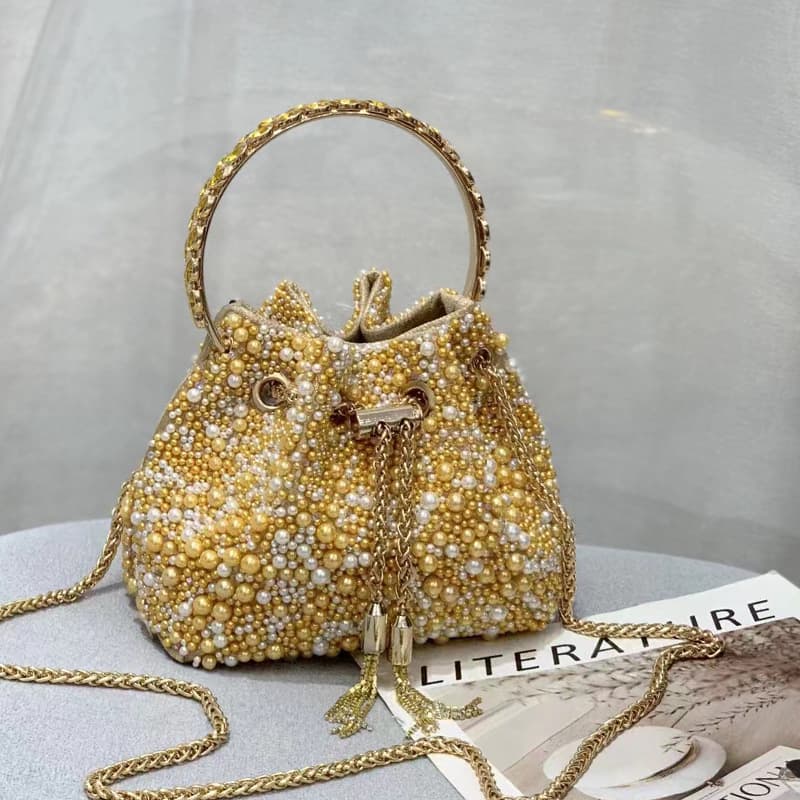Tassel Shiny Pearl Bag Hand-encrusted Diamond Hand Crossbody Bag Pink Silver Metallic Sequins Evening Bucket Bag