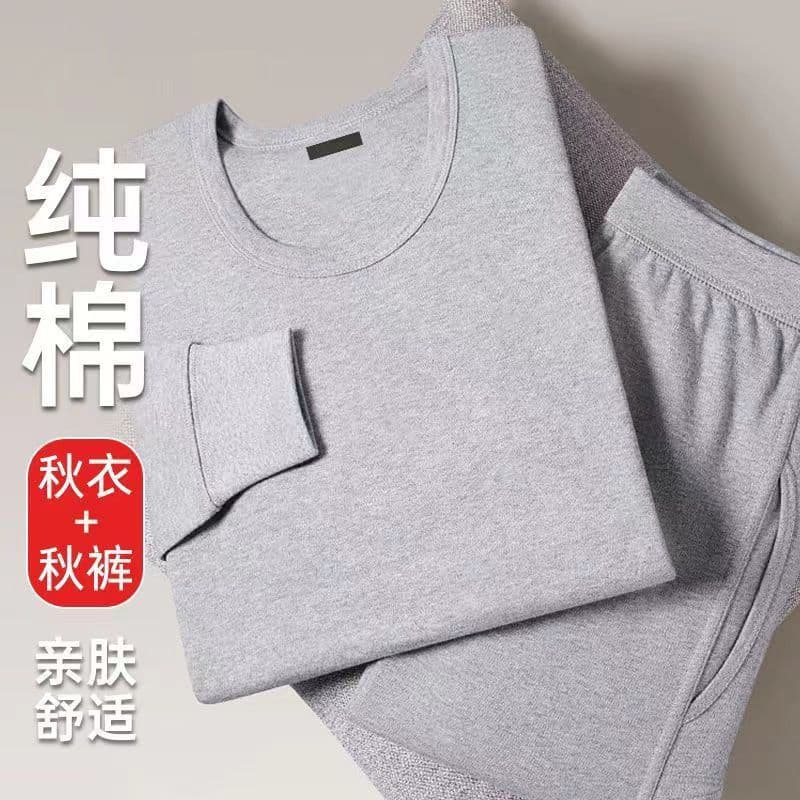 100% Cotton Thermal Underwear Set for Men, Round Neck, Thickened Cotton Base Layer Sweater for Extra Warmth