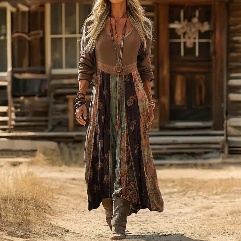 Amazon Cross-Border, New Model for Independent Websites, European and American Fashion Style Printed Women's Long-Sleeved V-Neck Dress
