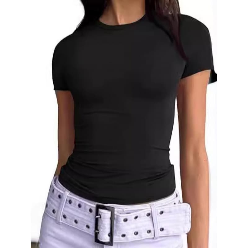 Cross-border Europe and America Summer Women's T-Shirt Hot Girl Fitted Top Fashionable Round Neck High-End Milk Silk T-Shirt