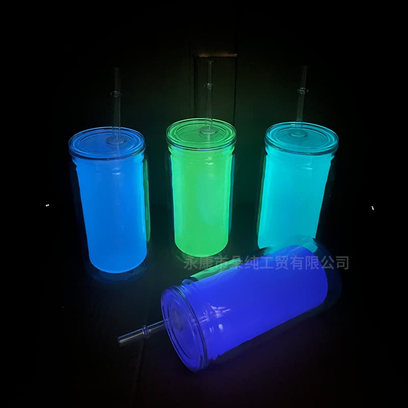 Glow-in-the-Dark Double-Wall Plastic Cup Glitter Snow Globe Cup Mason Jar Colorful Plastic Cup Cross-Border Straw Water Cup