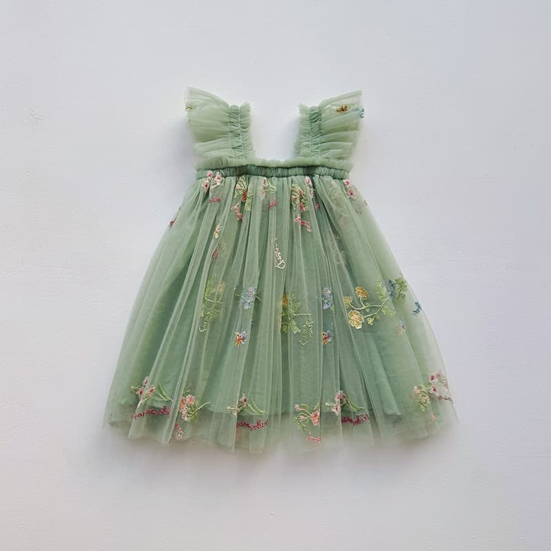 Summer tulle dress for girls: floral sweet mesh dress for girls, fly-sleeve princess dress