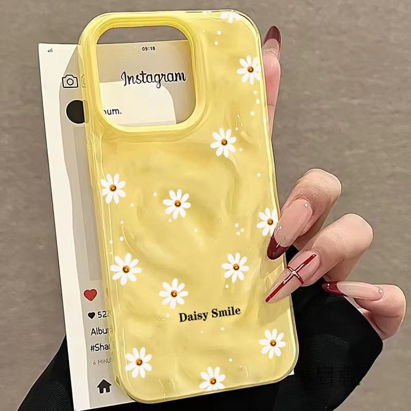 White Daisy 17 Pro Compatible iPhone 15 Case, Apple 14 Pro Meteorite Texture 16 Plus Protective Cover
