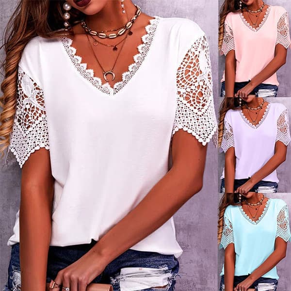 2023 European and American cross-border women's T-shirt Amazon's hot-selling lace splicing loose V-neck short-sleeved T-shirt