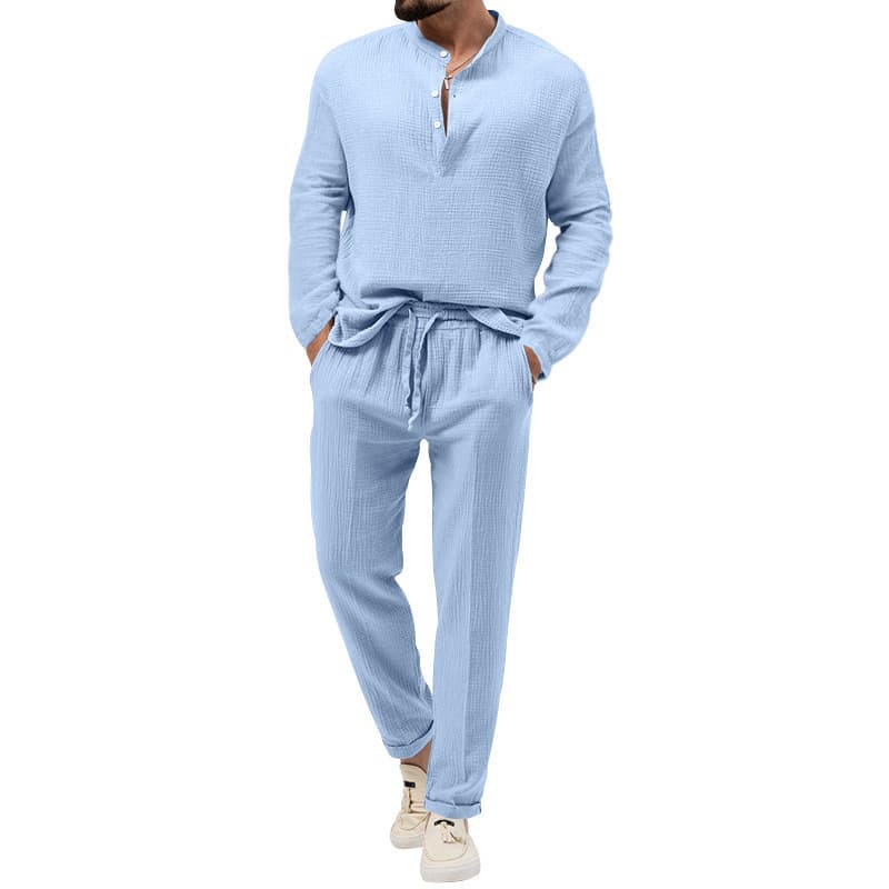 Cross-border Amazon Hot Selling 2025 Spring/Autumn Men's Solid Casual T-Shirt Long Sleeve Shirt and Pants Set