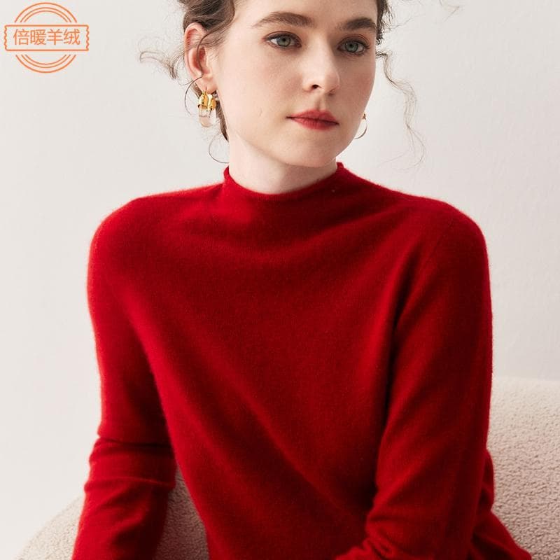 Autumn/Winter Seamless Rolled Hem Semi-High Neck Goat Cashmere Sweater Women Solid Color Simple Versatile Base Layer Top Knitted Wool Sweater
