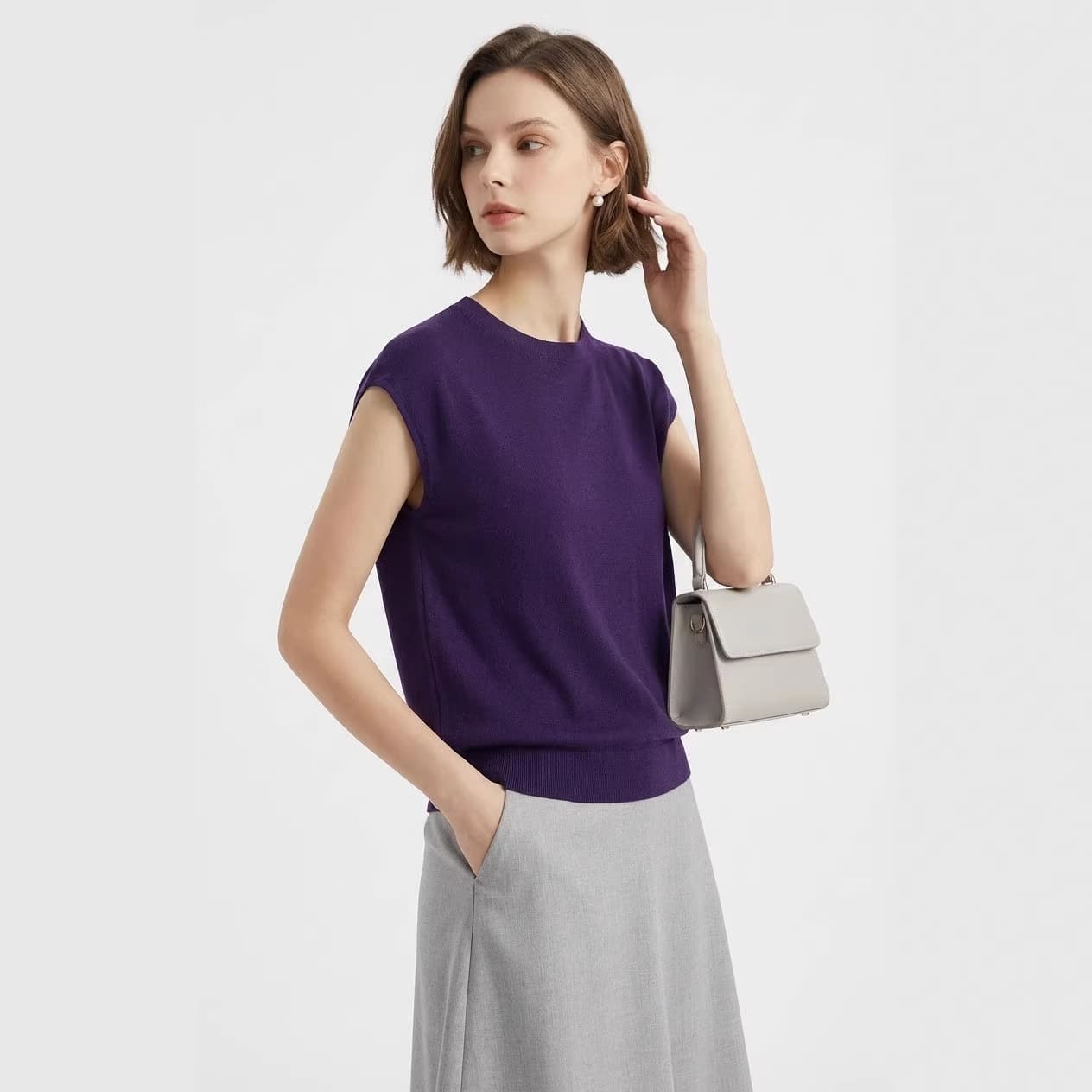 In Stock Black Tencel Knit Short Sleeve Women's 2026 Summer New Fashion Versatile Cap Sleeve Round Neck Base Knit Top