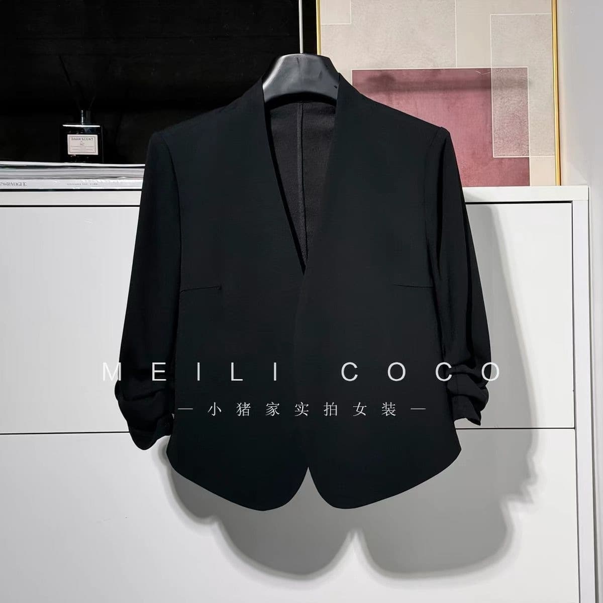 Summer single-layer thin acetate linen collarless suit for women! Temperament commuting OL three-quarter sleeve short cardigan jacket