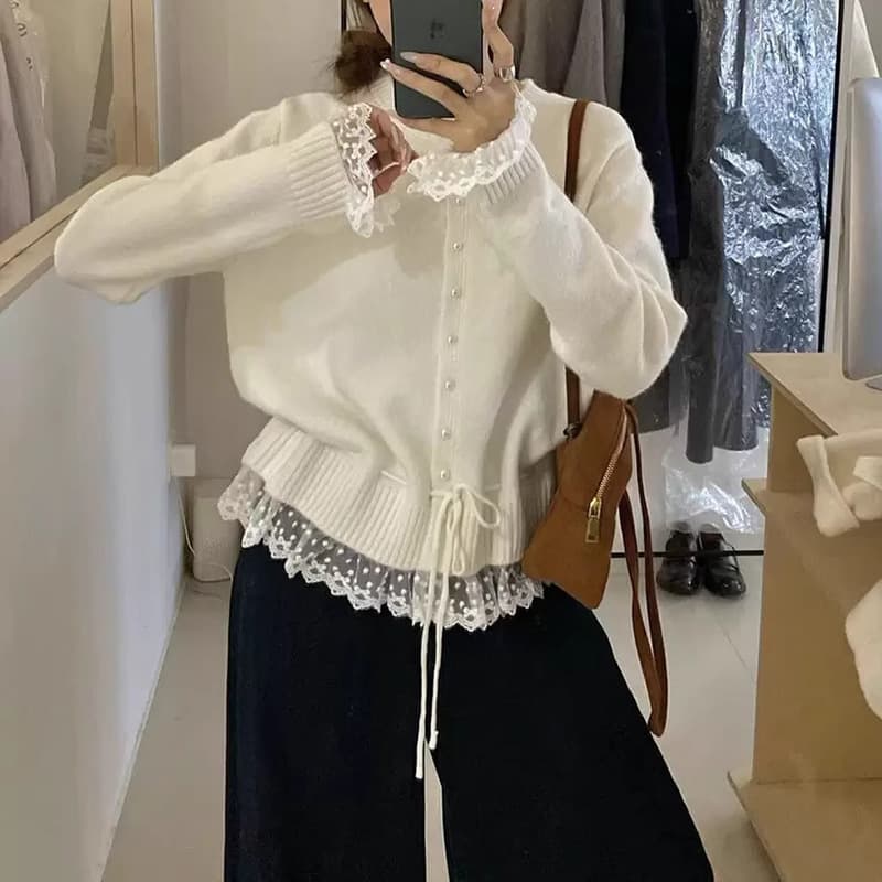 Lace lace-up Korean style waist-cinching sweater for women autumn new fashion age-reducing belly-covering sweater top