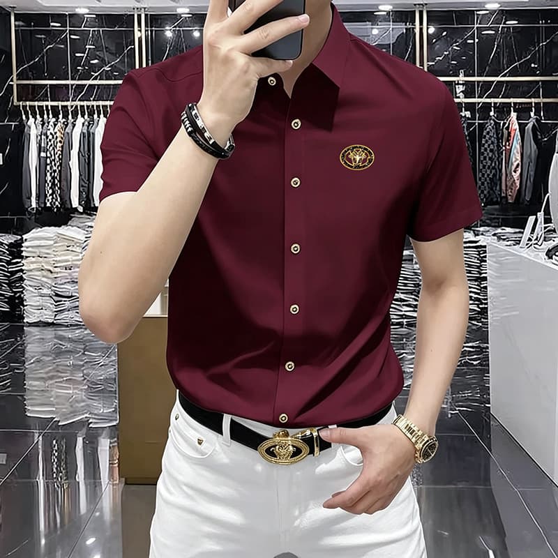 Business 2026 summer new style burgundy ice silk casual lapel T-shirt slim high-end non-iron short-sleeved POLO shirt