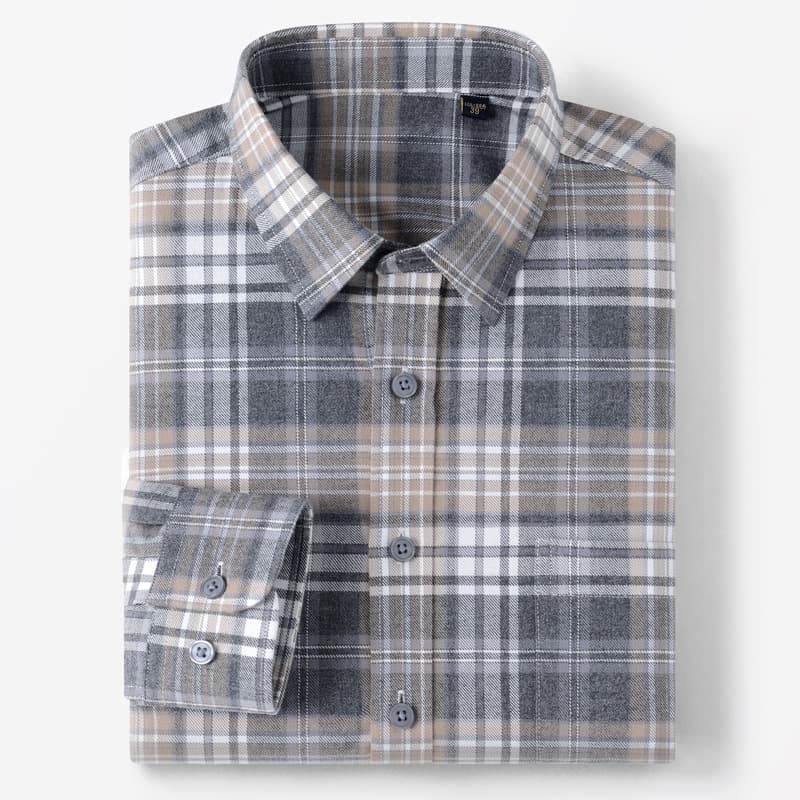 20262026 new spring and autumn pure cotton brushed plaid long-sleeved men's shirt casual business simple square collar shirt