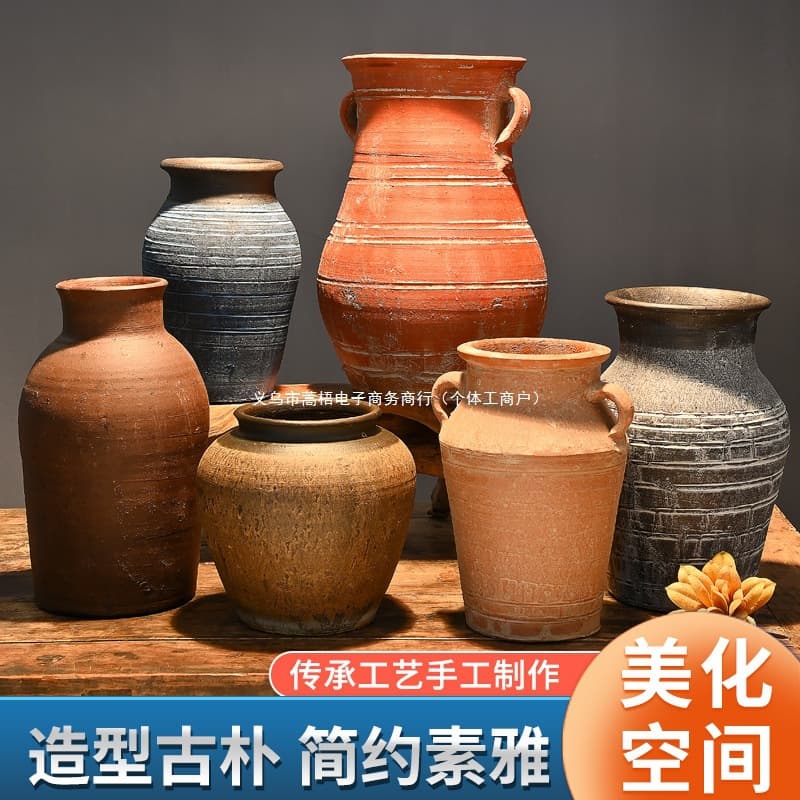Retro pottery pots, handmade coarse pottery succulent flowerpots, vases, pottery pots, new Chinese style dried flowers