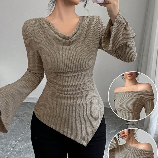 Autumn new long-sleeved T-shirt for women with swing collar, slim fit, large size, irregular hem, bell-sleeved top, bottoming shirt