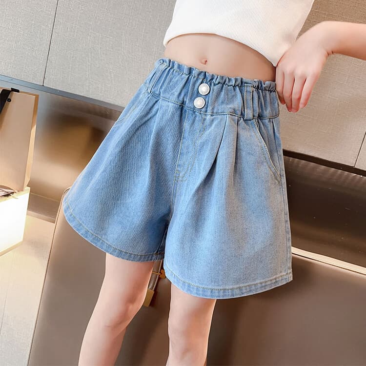 Girls' Summer Floral Waist Denim Shorts Pleated Skirt for Older Children, Loose Hot Pants, Girls' Skirt Pants, Trendy Brand