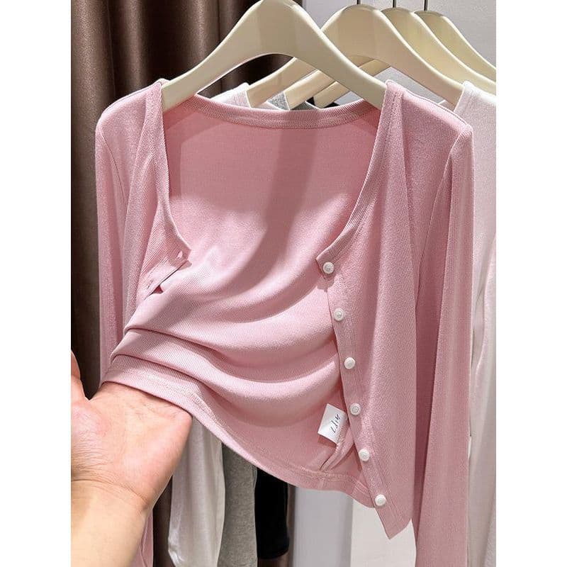Pink Modal Sun Protection Cardigan Women Summer Outerwear Strap Ice Silk Knitted Sweater Jacket Air Conditioned Room Outerwear