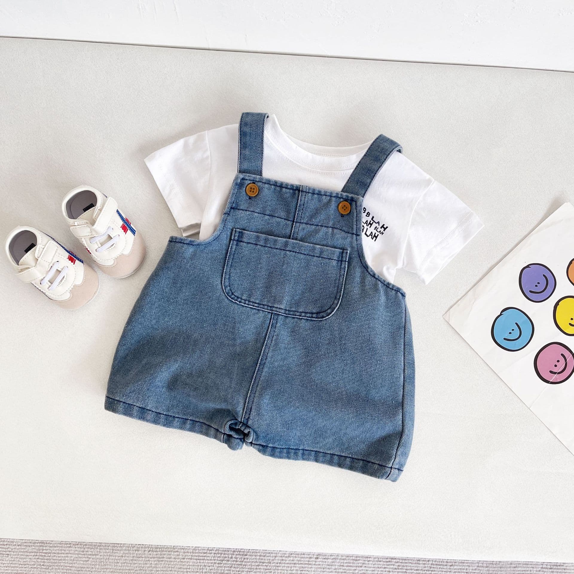 Baby Denim Overall Shorts Set 2025 New Children's White T-Shirt Boys Girls Summer Thin Two-Piece Set