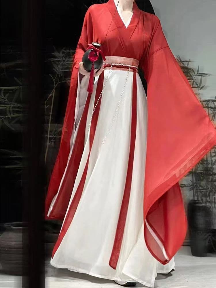 Original Hanfu women's "Ink Dye" Wei-Jin style cross-collar wide-sleeve ruqun waist-high eight-panel skirt Spring and Autumn Warring States robe style set.