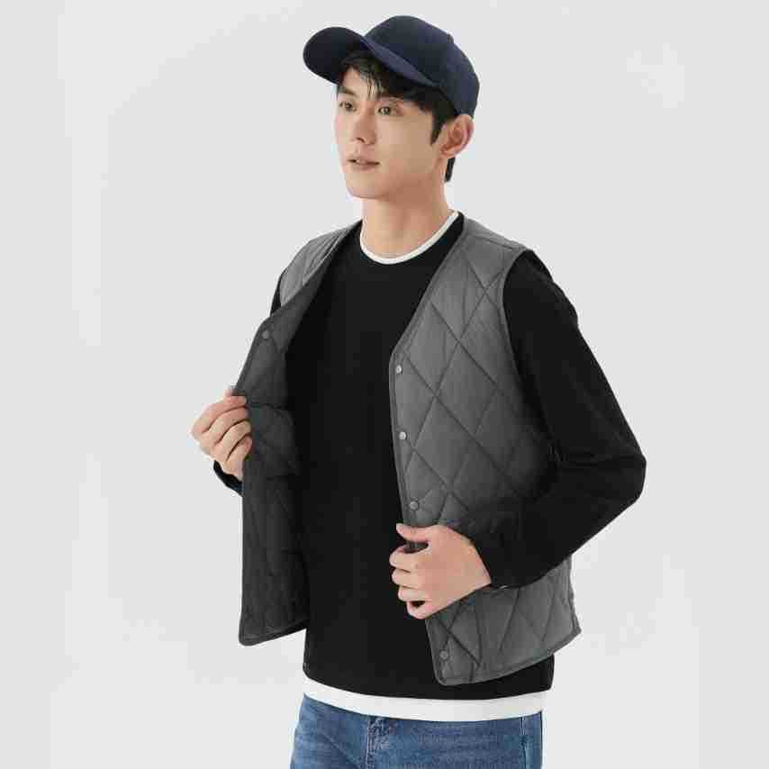 Men's Autumn and Winter Fleece-Lined Warm Young Adult Vest Liner, Pocket, Diamond Pattern Short Snap Button Vest 2161