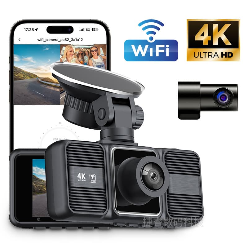 Cross-border 4K Dash Cam 3-inch Triple Lens Front and Rear Three-way Recording Wide Angle WiFi HD Night Vision Car Recorder