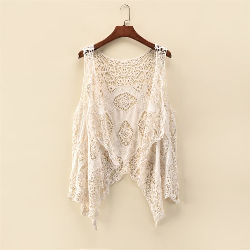 Women's Summer Lightweight Sleeveless Lace Cardigan, Versatile Shawl Beach Cover-Up, Sun Protection Hollow Out Top