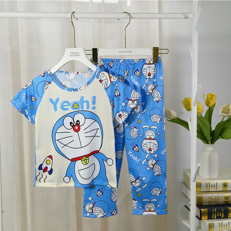2023 New Summer Kids Pajama Set Short Sleeve Top and Long Pants Thin Air Conditioning Wear for Boys and Girls