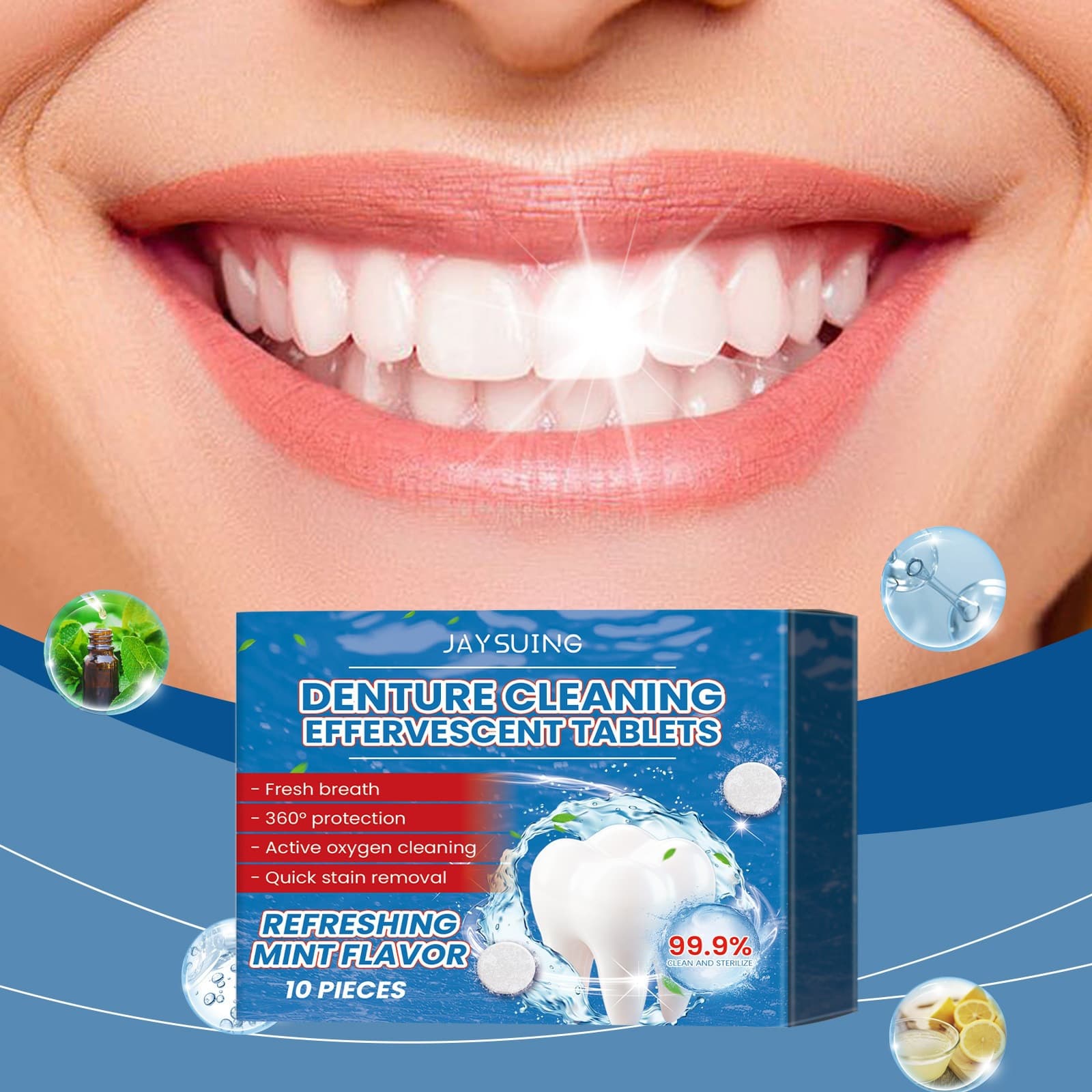 JAYSUING Denture Cleaning Effervescent Tablets - Denture and Retainer Cleaning Tablets for Oral Hygiene and Dental Care