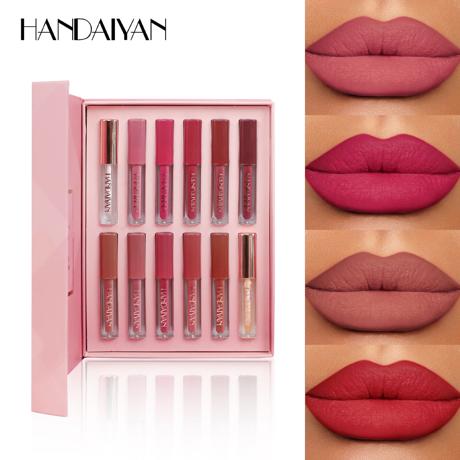 Cross-border lip glaze set 12 square tube lip gloss HANDAIYAN waterproof easy-to-color pearlescent matte lip glaze set