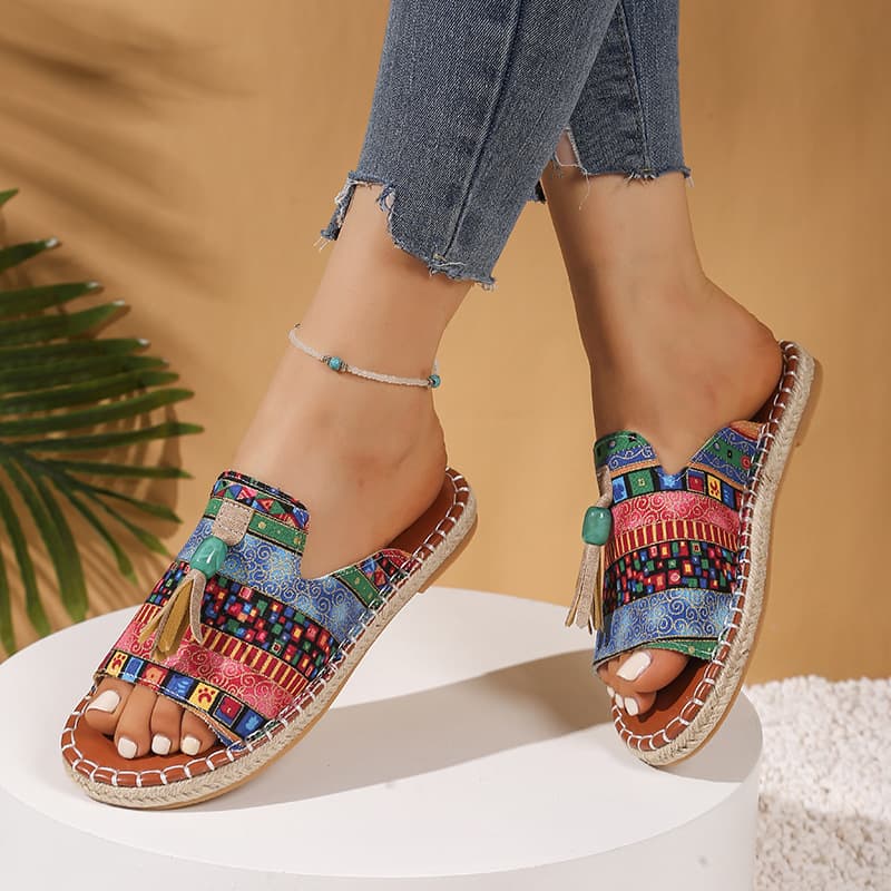Bohemian Flat Slippers for Women 2026 Summer New European and American Tassel Women's Sandals Size 43 Beach Sandals Cross-border Large Size