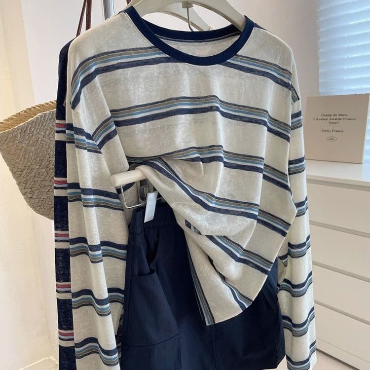 Korean Retro Contrast Stripe Crew Neck Long Sleeve T-Shirt for Women Summer Loose Casual Sun Protection Cover-Up Top