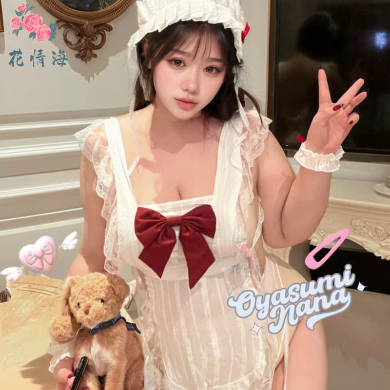 Pure Desire Sexy Maid Apron with Lace Trim Female Uniform No Need to Remove Kitchen Cosplay Costume Polyester Fabric Thin