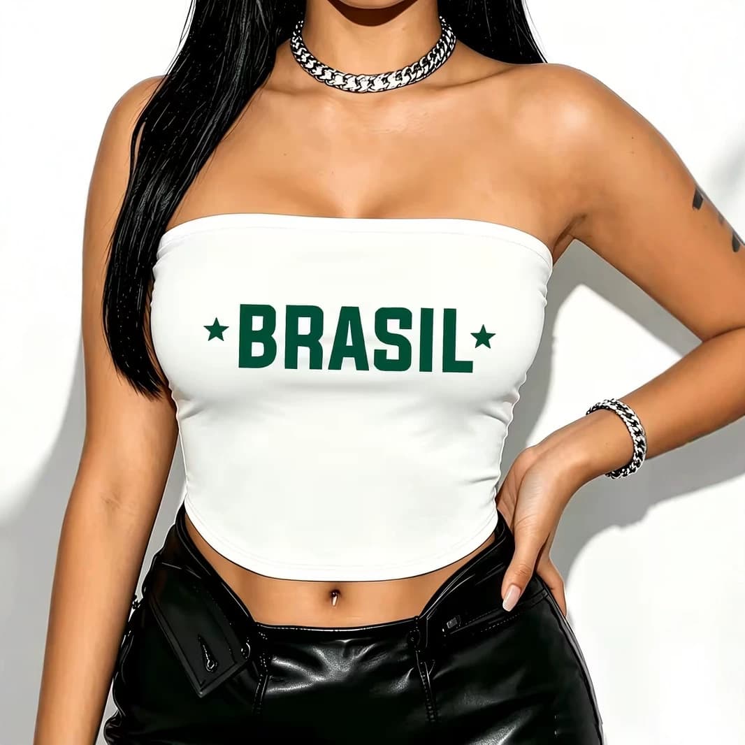 2026 European and American Cross-Border Summer New Style Spicy Girl Tube Top with Star Letter Print, Slim Fit, Cropped Tube Top