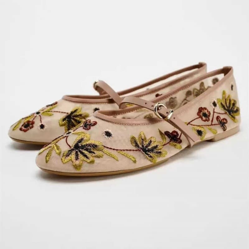 Cross-border 2026 Spring/Summer New Arrival Women's Shoes Fashion Floral Embroidered Mesh Ballet Flats Chinese Style New Foreign Trade